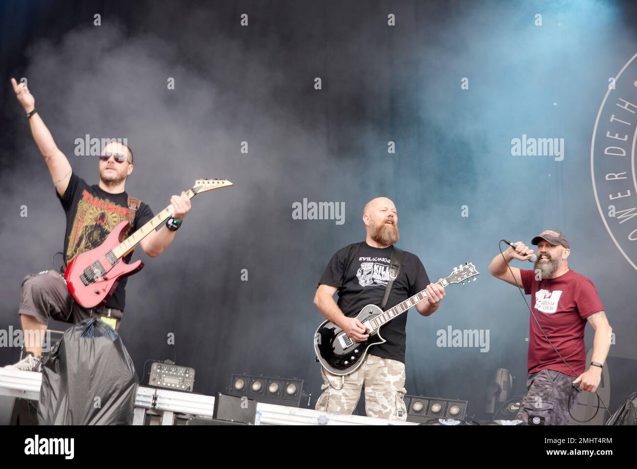 09 juin 2018. Donnington Park, Derbyshire, Royaume-Uni. (G-D) Matt Burton de Evil Scarecrow, Steve Nesfield et Pete Lee de la tondeuse à gazon Deth se produit au Download Festival 2018. Crédit : will Tudor/Alamy Banque D'Images