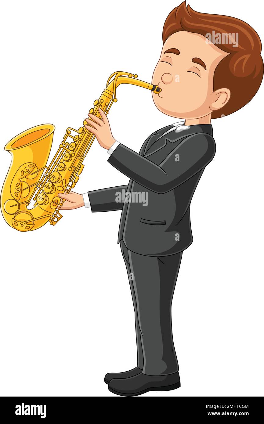 Petit garçon de dessin animé jouant un saxophone Illustration de Vecteur