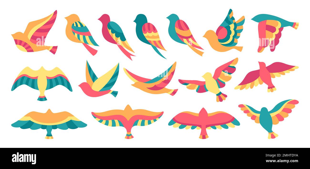 Ensemble de dessin animé oiseau avec motif abstrait. Dessin à la main, plat, coloré, moderne, tendance, oiseau ou encore pigeon jaune. Mignon coloré divers oiseaux comics simple compositrice d'oiseaux Illustration de Vecteur