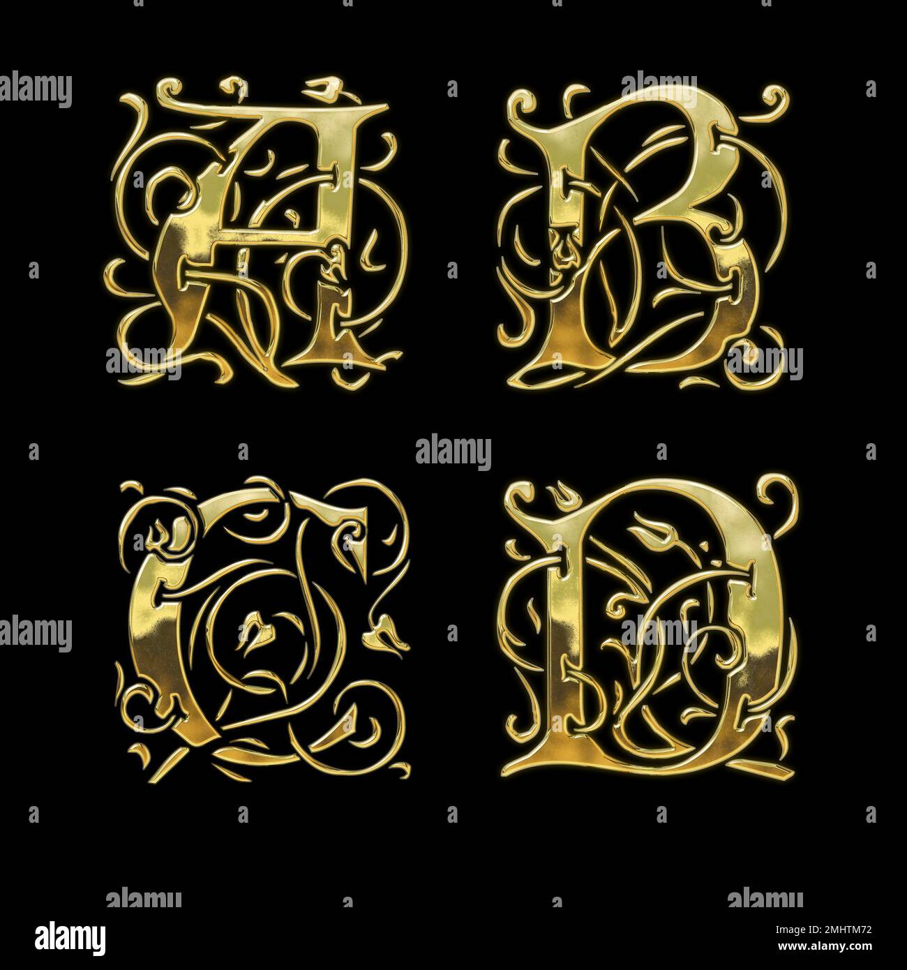 3D rendu de l'alphabet de police de style gothique doré - lettres A-D. Banque D'Images