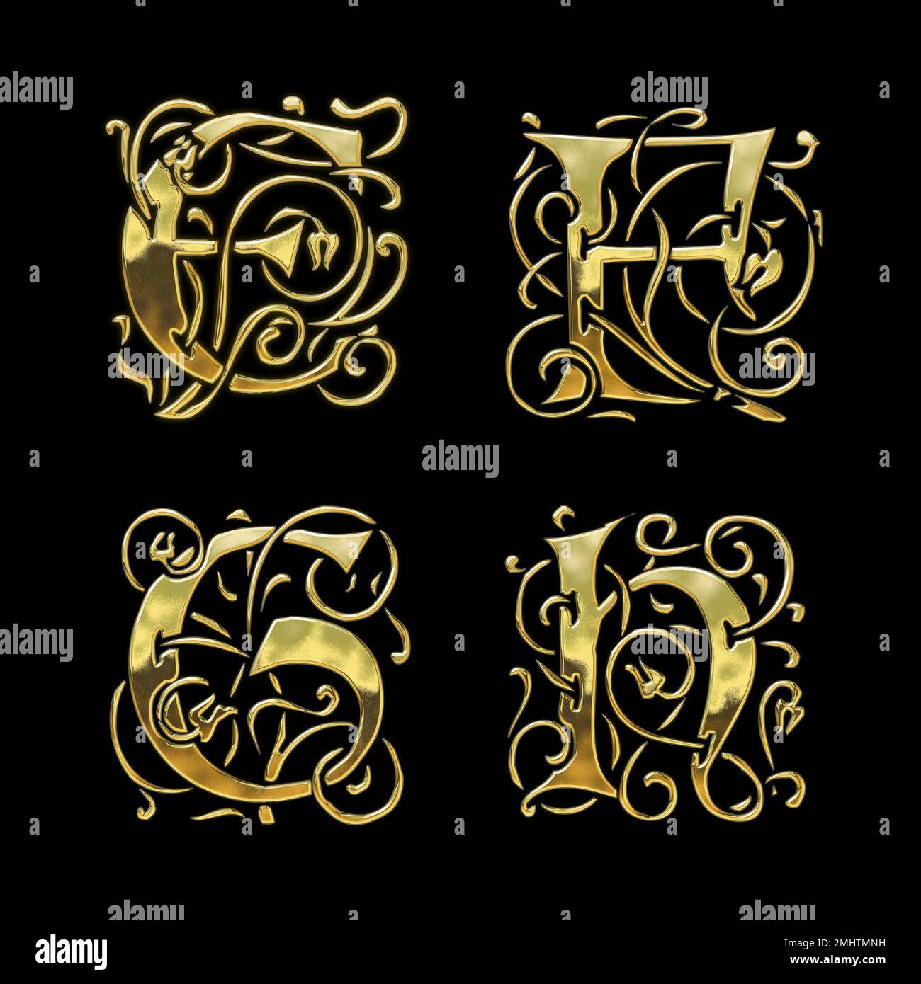 3D rendu de l'alphabet de police de style gothique doré - lettres E-H. Banque D'Images