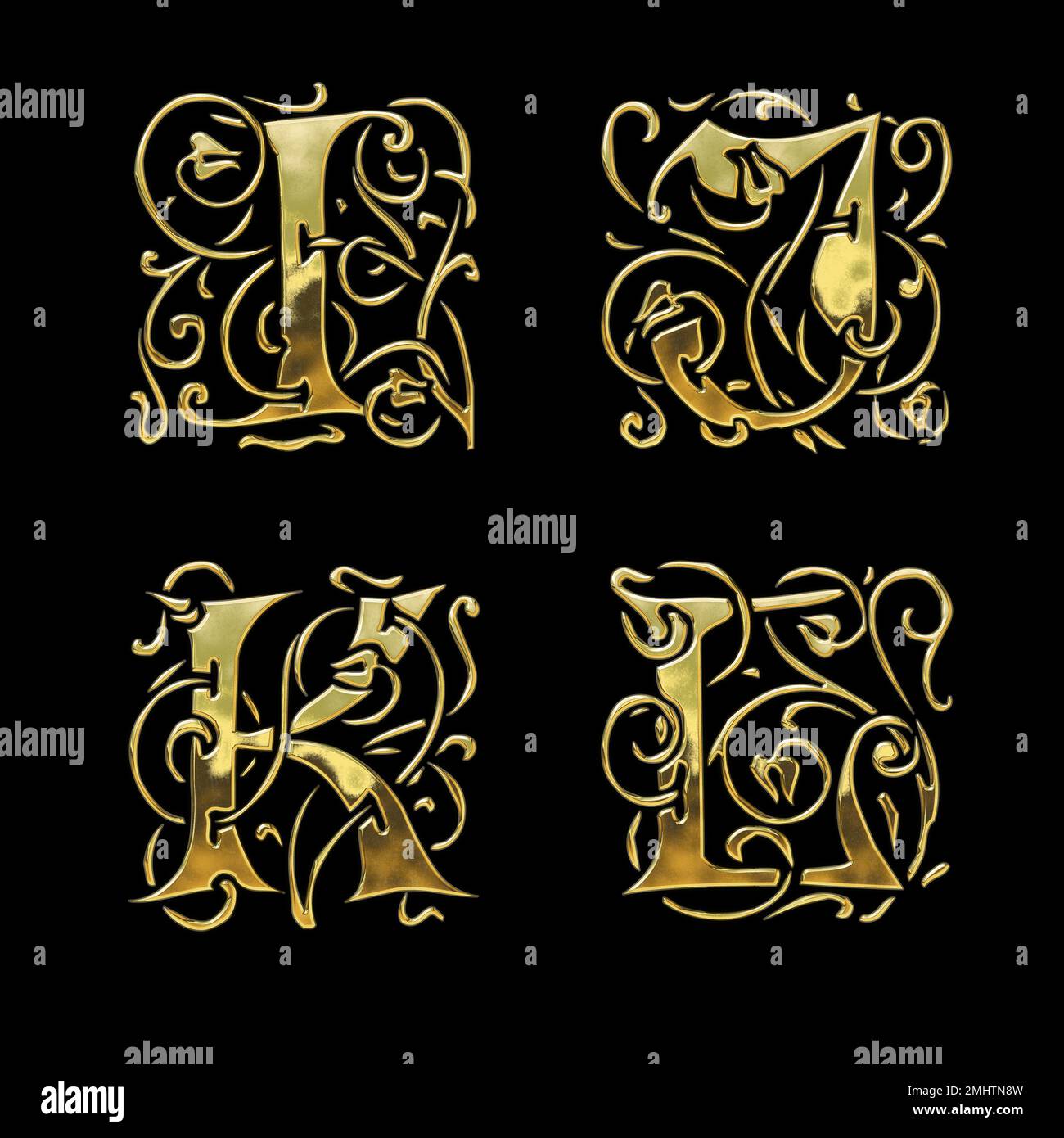 3D rendu de l'alphabet de police de style gothique doré - lettres I-L Banque D'Images