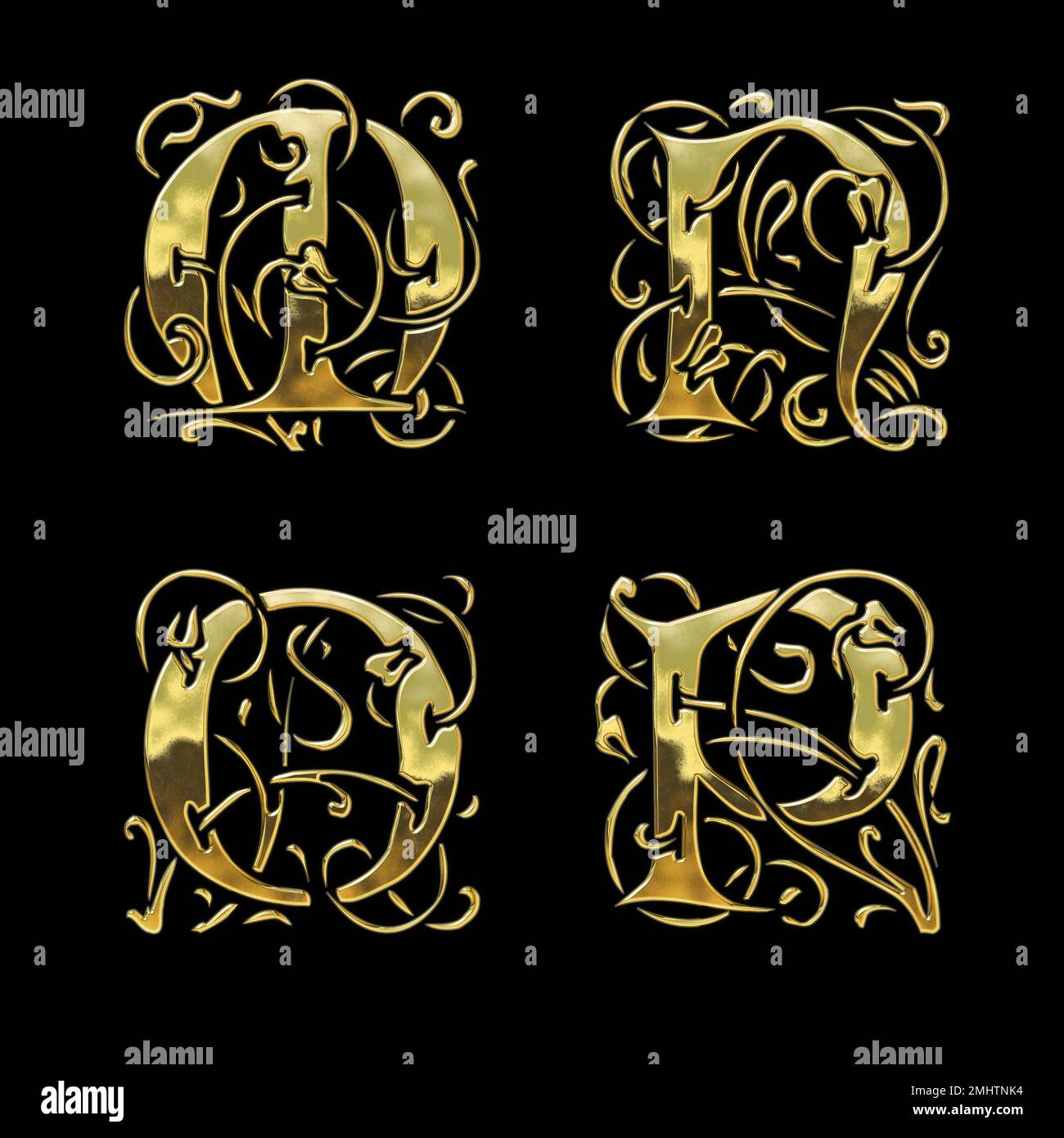 3D rendu de l'alphabet de police de style gothique doré - lettres M-P. Banque D'Images