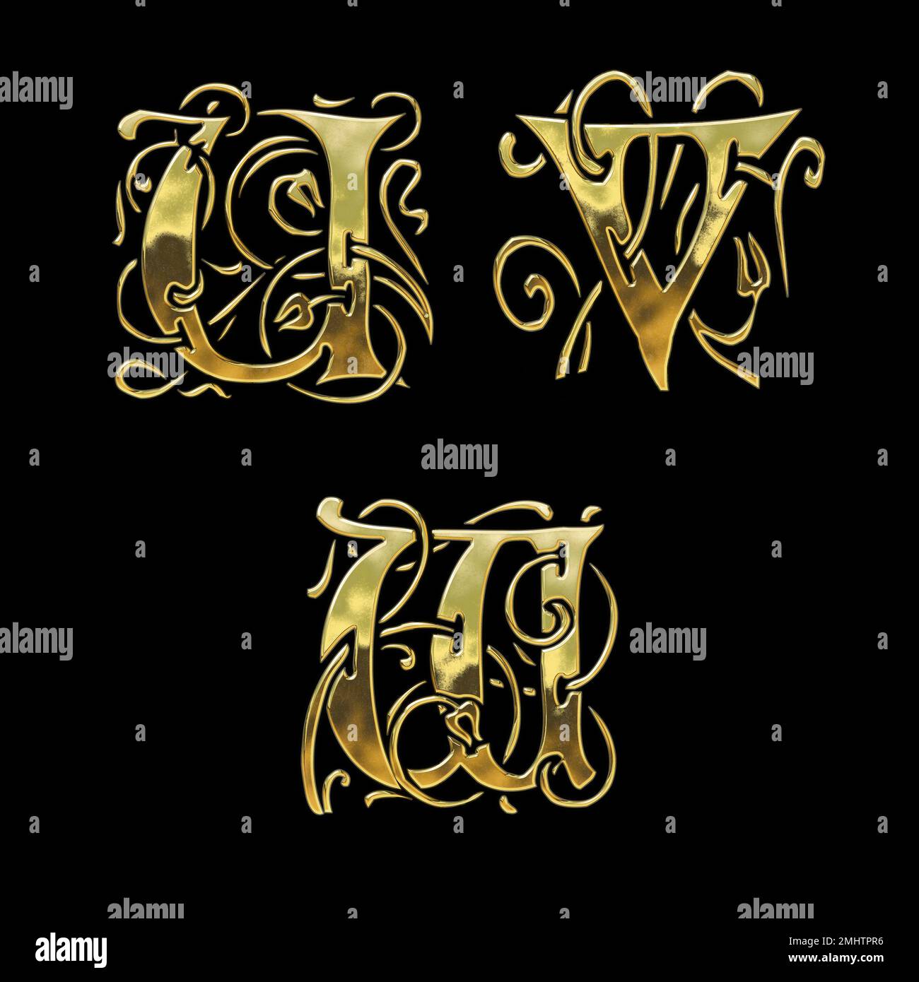 3D rendu de l'alphabet de police de style gothique doré - lettres U-W Banque D'Images