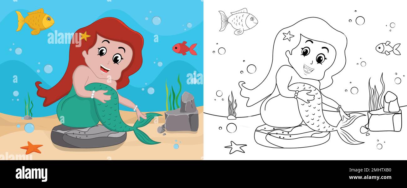 Page de coloriage de la sirène de dessin animé page d'activité pour enfants avec illustration vectorielle de dessin au trait Illustration de Vecteur