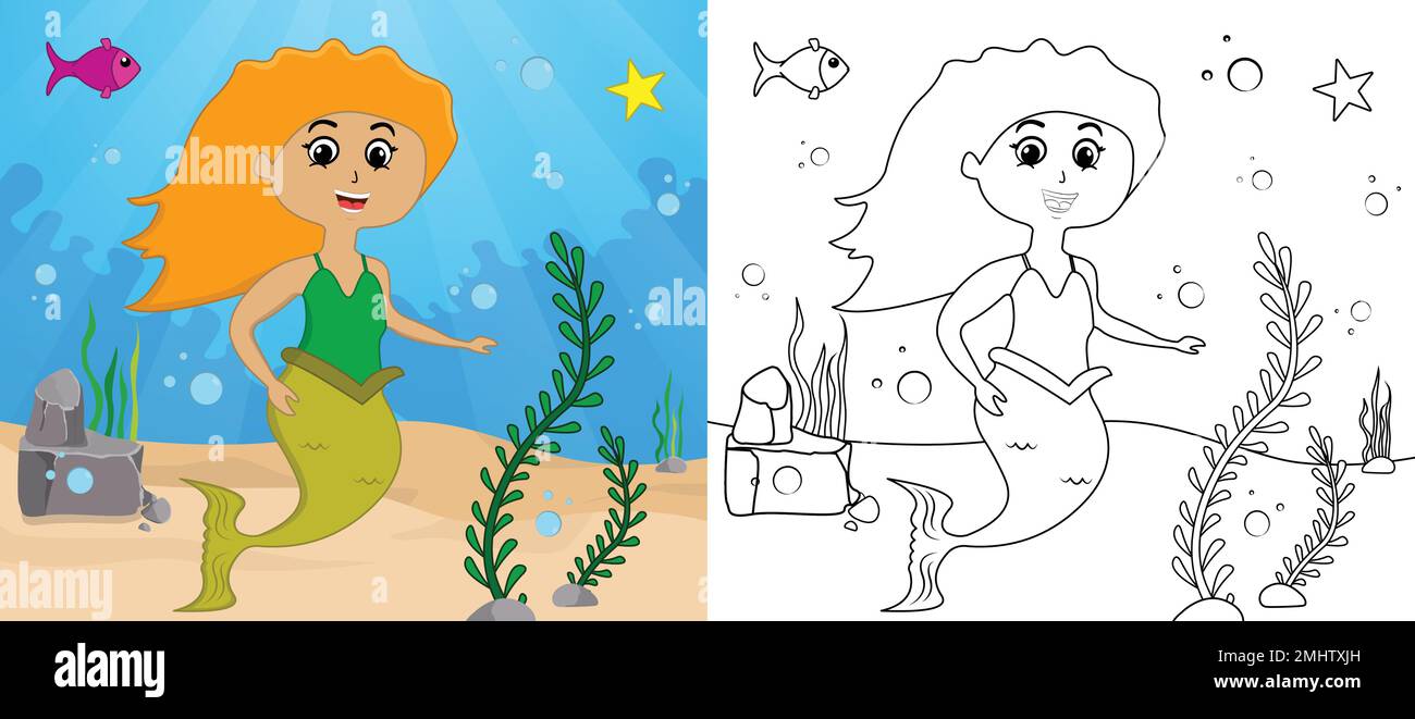 Tracé et couleur pour enfants, illustration vectorielle de sirène. Illustration de Vecteur