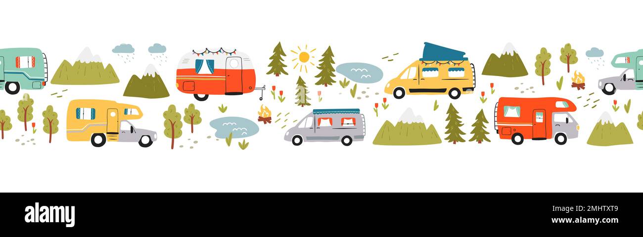 Road trip horizontal sans couture motif, doodle camping-cars, vanlife, aventure - idéal pour les textiles, bannières, fonds d'écran - conception vectorielle Illustration de Vecteur
