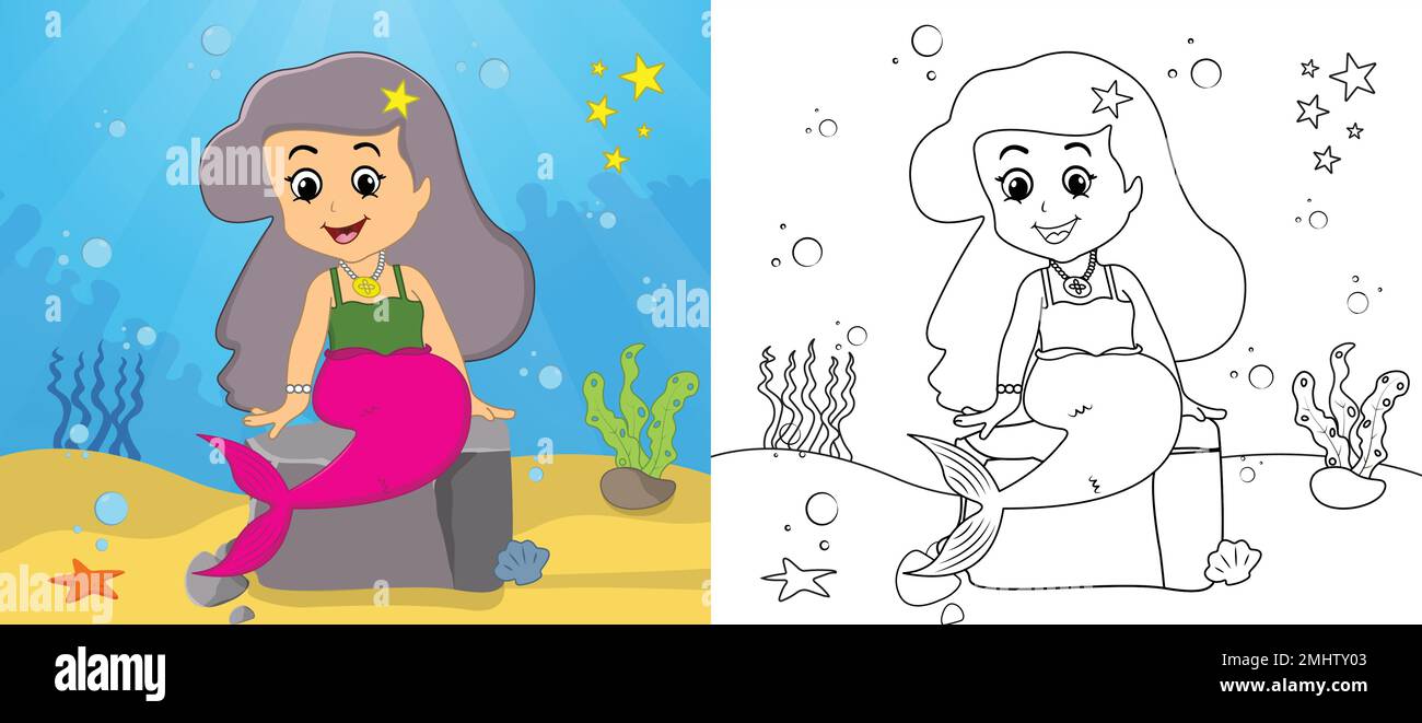Page de coloriage de la sirène de dessin animé page d'activité pour enfants avec illustration vectorielle de dessin au trait Illustration de Vecteur