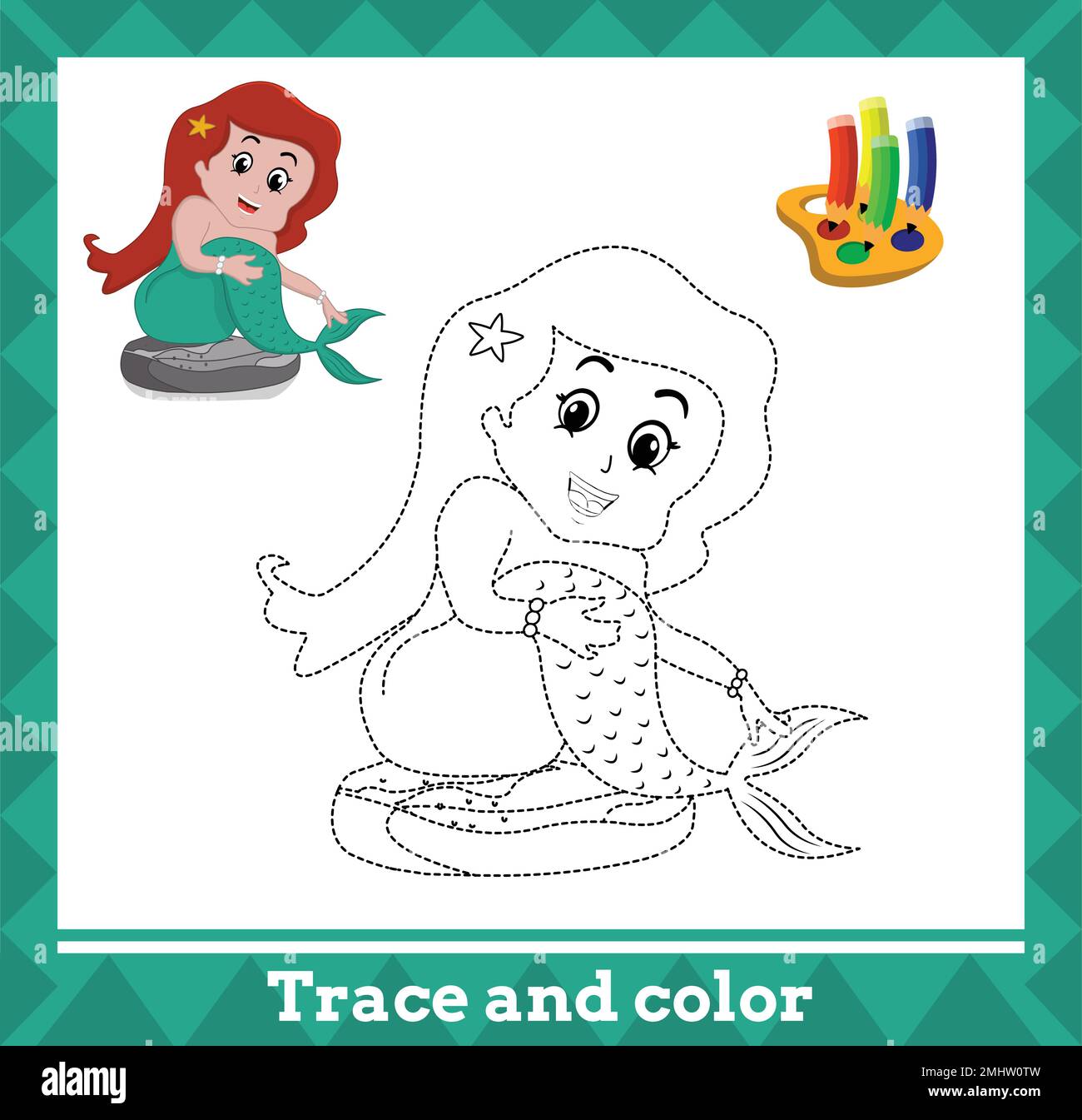 Tracé et couleur pour enfants, illustration vectorielle de sirène. Illustration de Vecteur