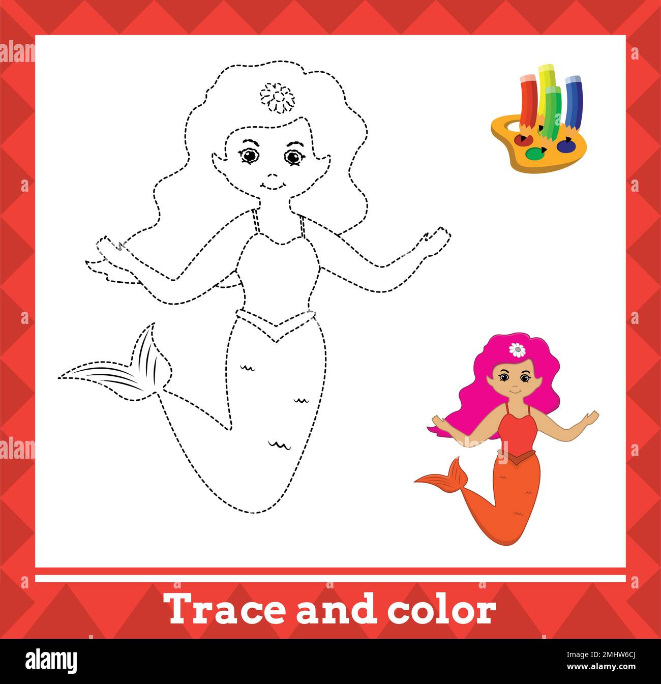 Tracé et couleur pour enfants, illustration vectorielle de sirène. Illustration de Vecteur