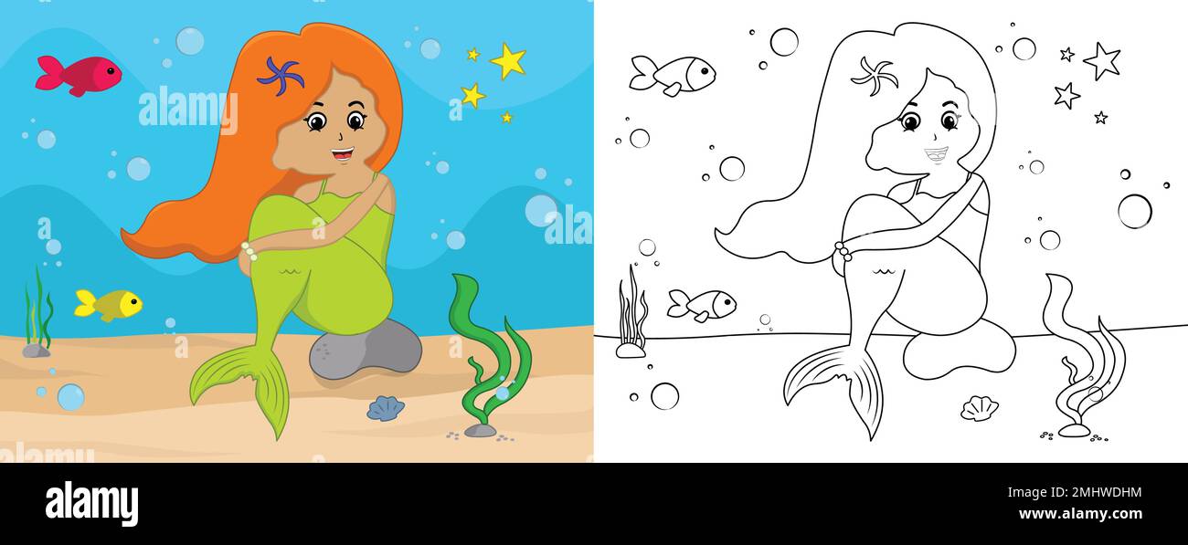 Page de coloriage de la sirène de dessin animé page d'activité pour enfants avec illustration vectorielle de dessin au trait Illustration de Vecteur