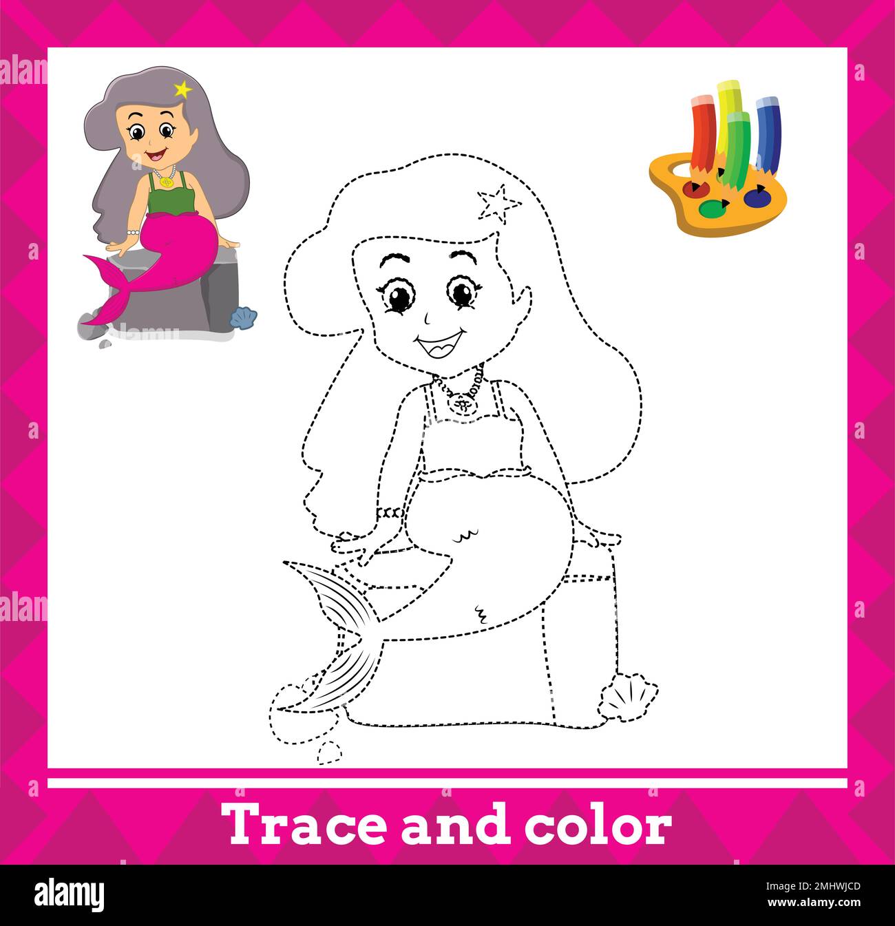 Tracé et couleur pour enfants, illustration vectorielle de sirène. Illustration de Vecteur