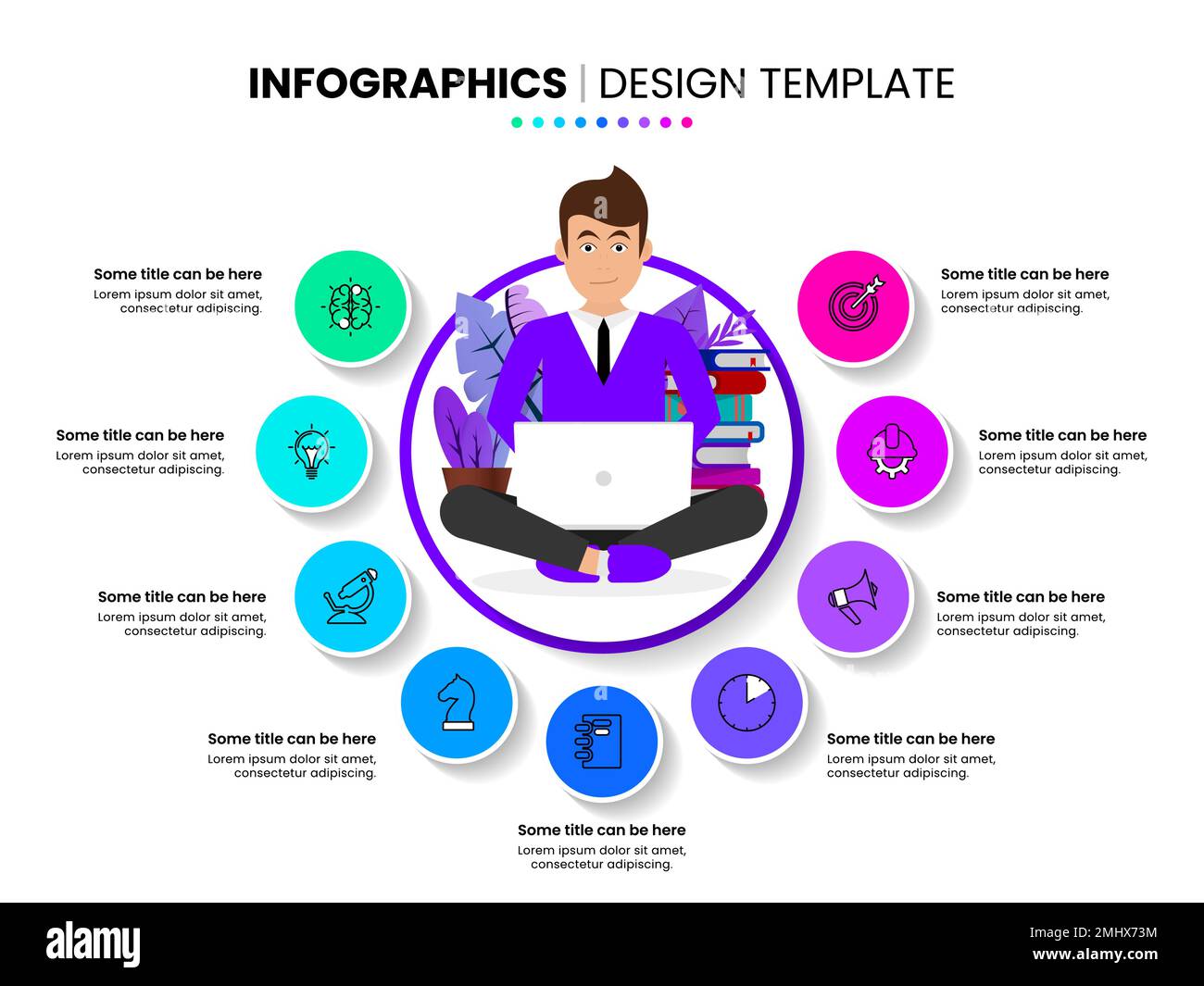 Modèle d'infographie avec icônes et 9 options ou étapes. Travailleur informatique. Peut être utilisé pour la mise en page de flux de travail, le diagramme, la bannière, la conception Web. Vecteur illustrat Illustration de Vecteur