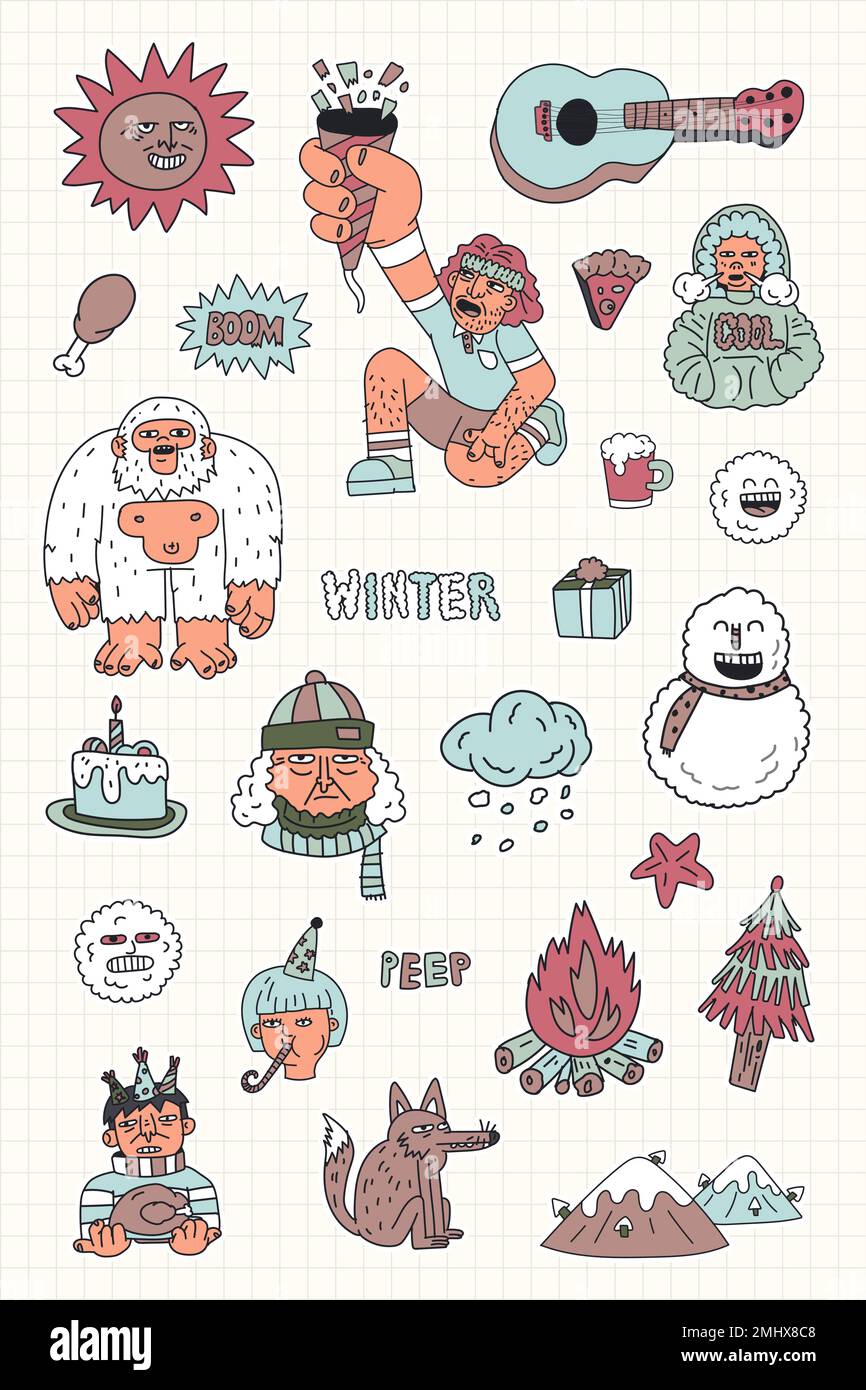 Collection d'autocollants de caractère d'hiver dessinés à la main Illustration de Vecteur