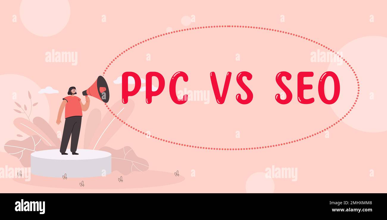 Légende conceptuelle PPC vs Seo. Business concept payer par clic contre les stratégies d'optimisation de Search Engine Banque D'Images