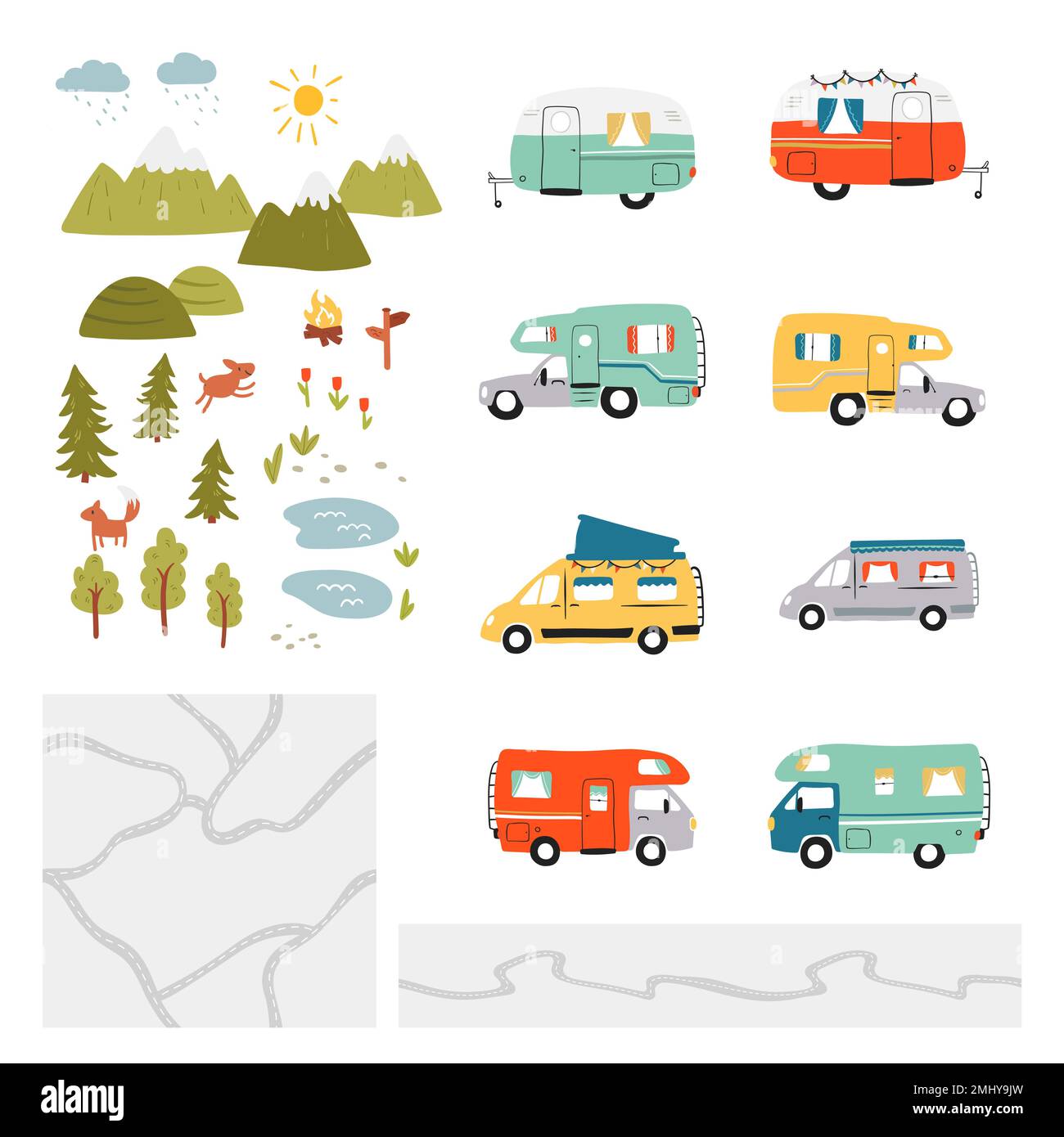 Éléments de voyage sur route, camping-cars, vanlife, aventure, cartes routières fluides, montagnes et forêt. Illustration de Vecteur