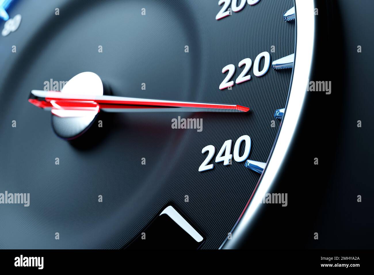 3D illustration en gros plan panneau de voiture noir, tachymètre lumineux numérique, indicateur de vitesse indique 230 km h. la flèche du compteur de vitesse indique la vitesse maximale Banque D'Images