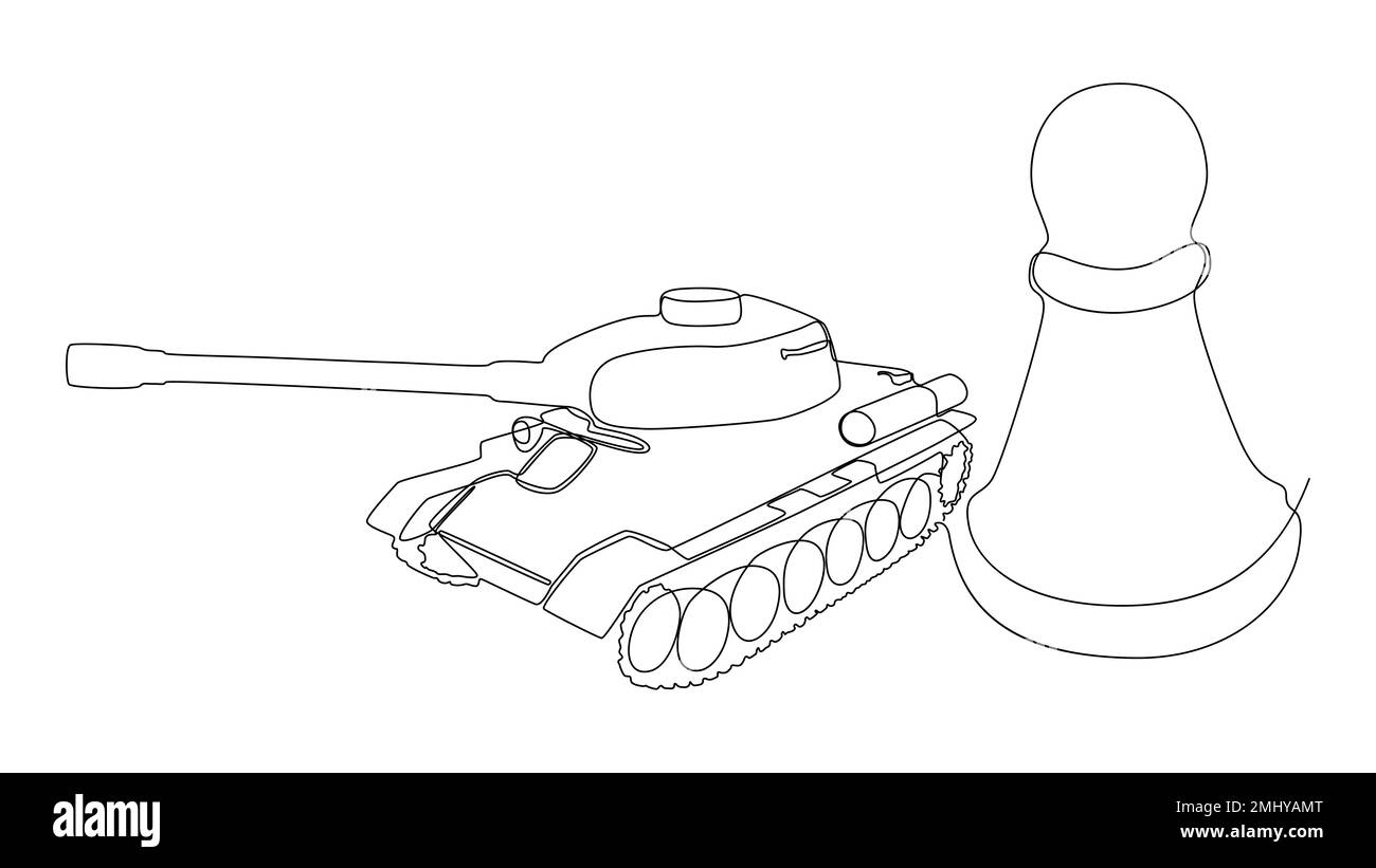 Une ligne continue de Chess Pawn avec char blindé. Concept de vecteur d'illustration à trait fin. Dessin de contour idées créatives. Illustration de Vecteur
