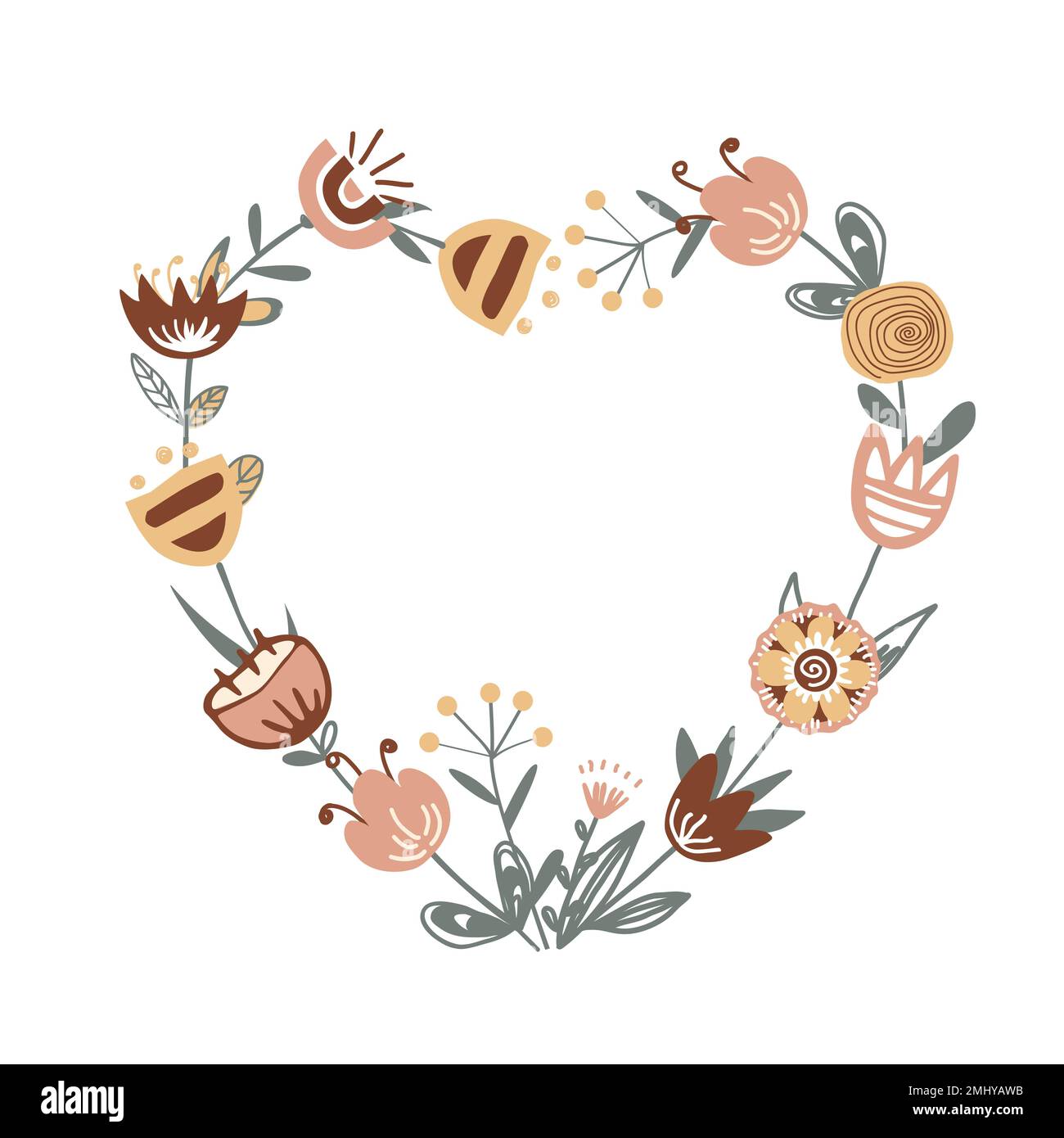 Carte de Saint-Valentin avec coeur fleuri et texte dessinés à la main. Monture à motif fleuri vectoriel, style scandinave, isolée sur fond blanc. Illustration de Vecteur