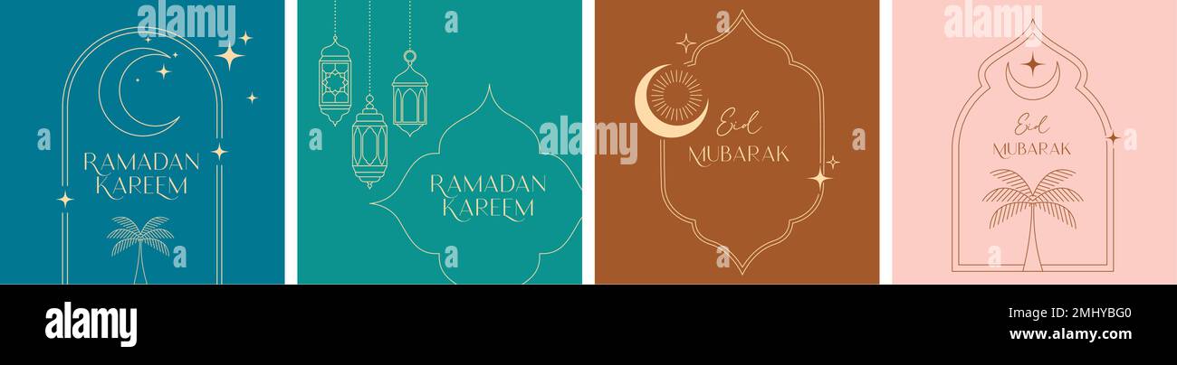 Collection de modèles de post, modèle linéaire minimal de style islamique Ramadan Kareem. Lune, dôme de la mosquée et lanternes. Illustrations minimalistes Illustration de Vecteur