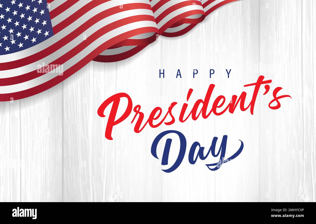 Lettre « Happy President's Day » avec drapeau USA sur planche en bois. Affiche du Président de la Journée, honorant tous les présidents. Bannière web vectorielle avec texte et drapeau Illustration de Vecteur