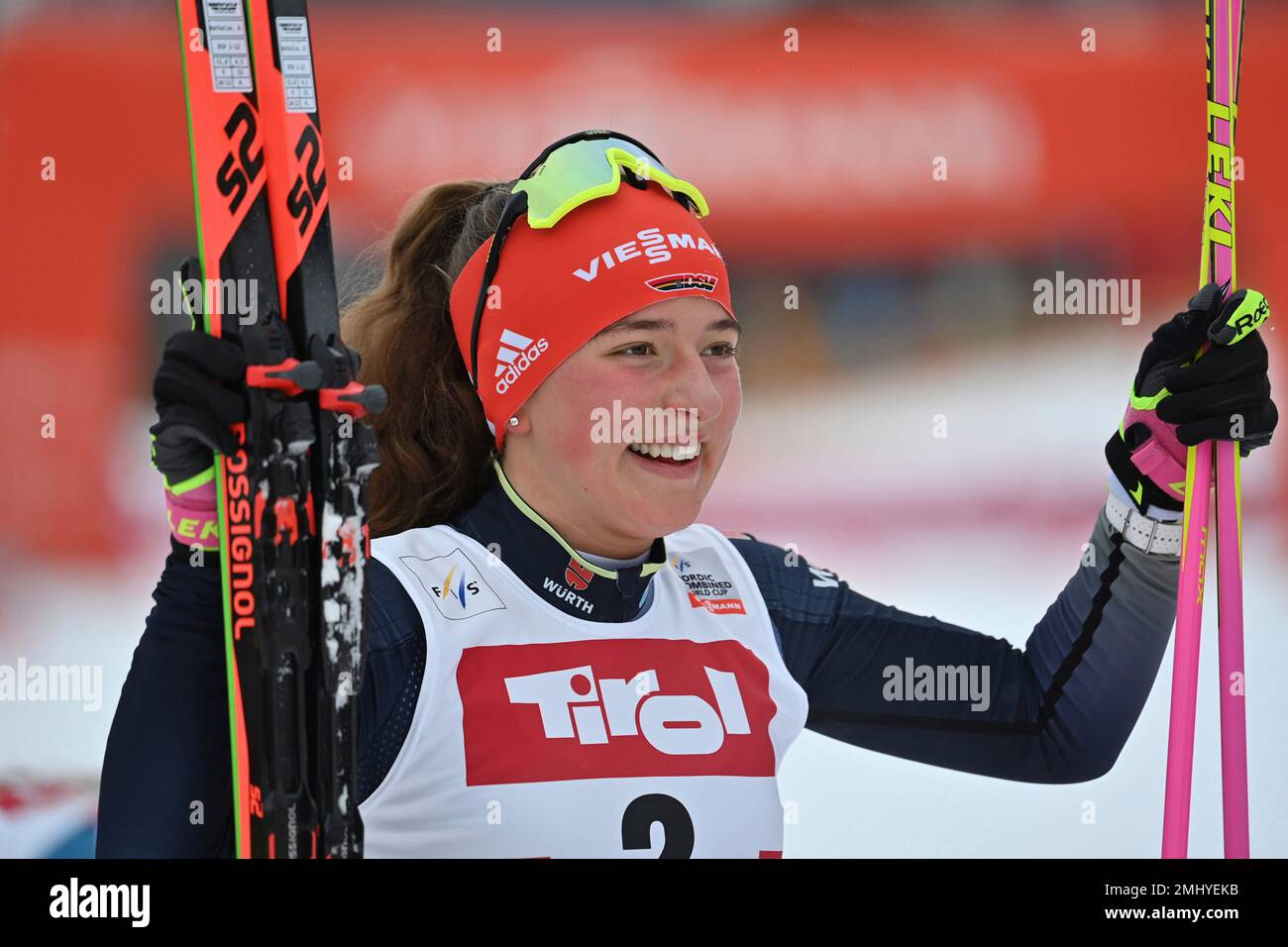 Nathalie ARMBRUSTER (GER), 2nd place, jubilation, joie, enthousiasme, action, image unique, motif individuel coupé, demi-figure, demi-figure. Femmes individuelles Gundersen NH/5 km, compétition individuelle de la coupe du monde féminine FIS combiné nordique à Seefeld/Tyrol sur 27 janvier 2023 ? Credit: dpa Picture Alliance/Alay Live News Banque D'Images