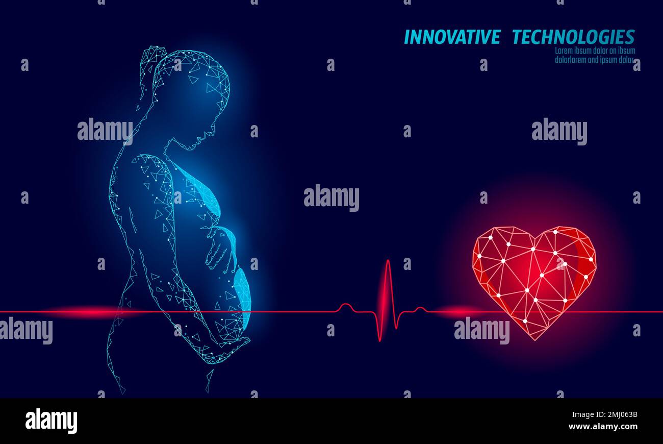 Femme enceinte avec symbole de battement de coeur. Cardiotographie CTG médecine prénaale centre clinique concept d'affiche. Illustration du vecteur numérique à faible teneur en poly de 3D Illustration de Vecteur