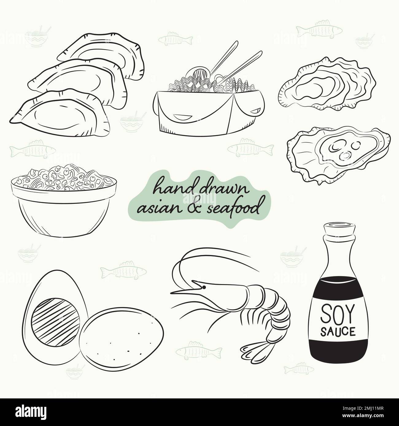 un ensemble de produits asiatiques et de fruits de mer dessinés à la main Illustration de Vecteur