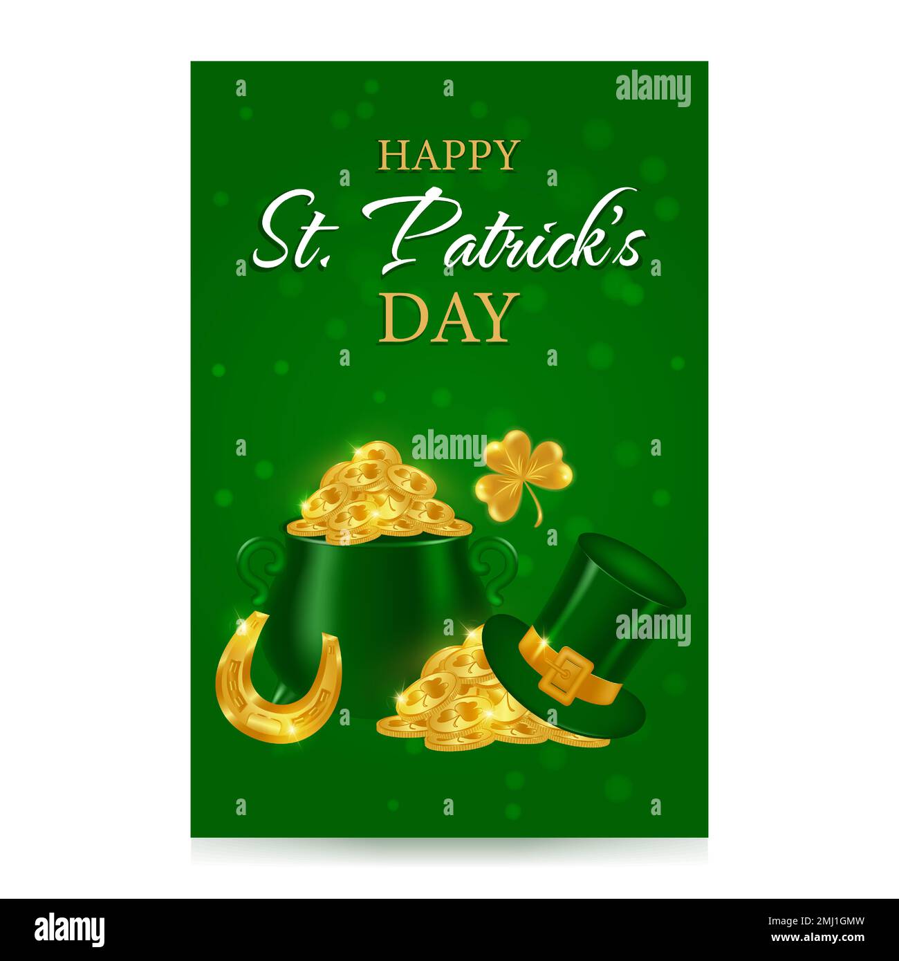 Carte de vœux avec symboles Saint-Laurent Patrick. Pièces d'or, richesse, chapeau Leprechaun, fer à cheval Golden shamrocks. Illustration vectorielle. Illustration de Vecteur