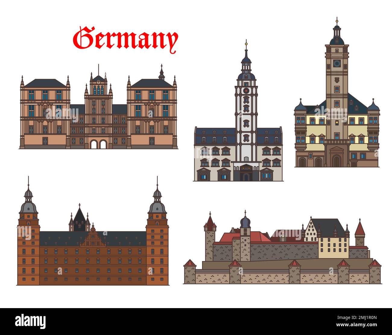 Allemagne bâtiments d'architecture, châteaux de Bavière et de Thuringe, sites vectoriels. Ville allemande bâtiments d'Altenburg, Gera, Coburg et Aschaffenburg, forteresse de Veste, château d'Ehrenburg ou de Johannisbourg Illustration de Vecteur