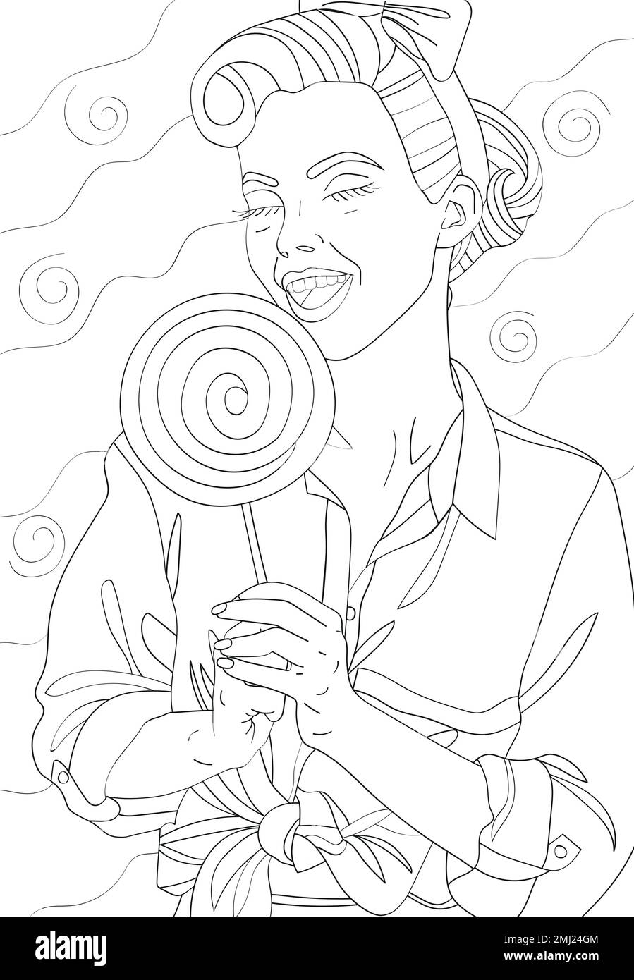 La fille tient une grande lollipop dans ses mains. Coloration antistress. Illustration vectorielle noir et blanc. Illustration de Vecteur
