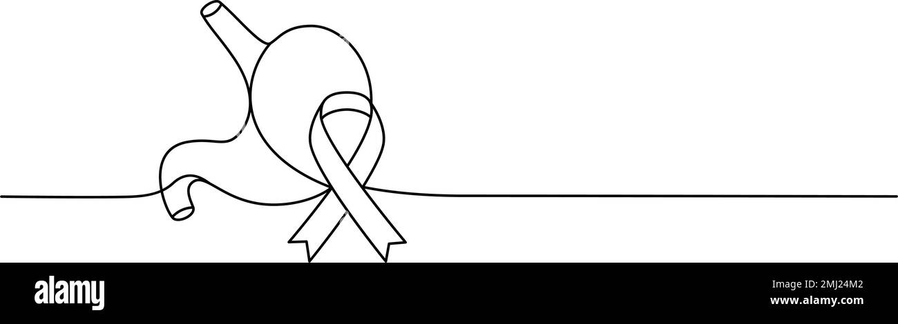 Estomac avec ruban une ligne de dessin continu. Ruban de sensibilisation au cancer, ruban d'aide continu d'une ligne d'illustration. Illustration vectorielle minimaliste. Illustration de Vecteur
