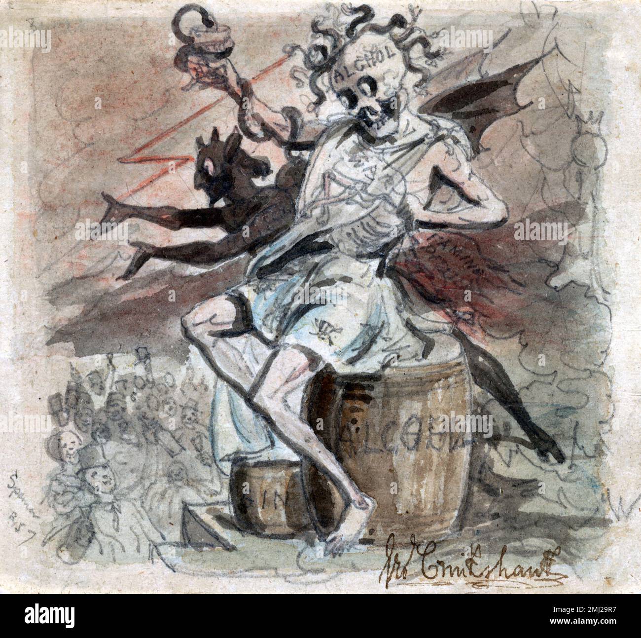 Le mouvement de la tempérance. Caricature intitulée « alcool, mort, et le diable » de George Cruikshank, c. 1830-40 Banque D'Images