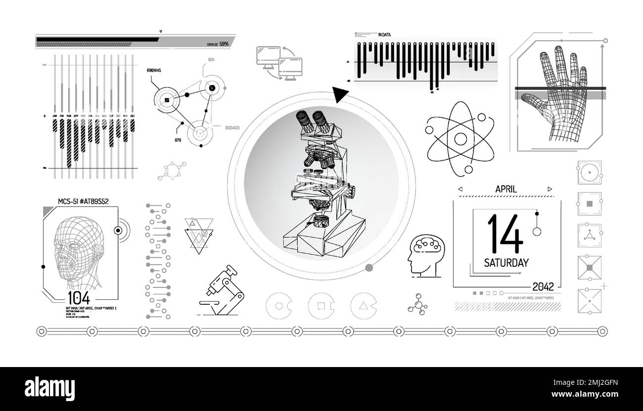Ensemble d'éléments infographiques sur la microscopie et la recherche biomédicale. Illustration de Vecteur