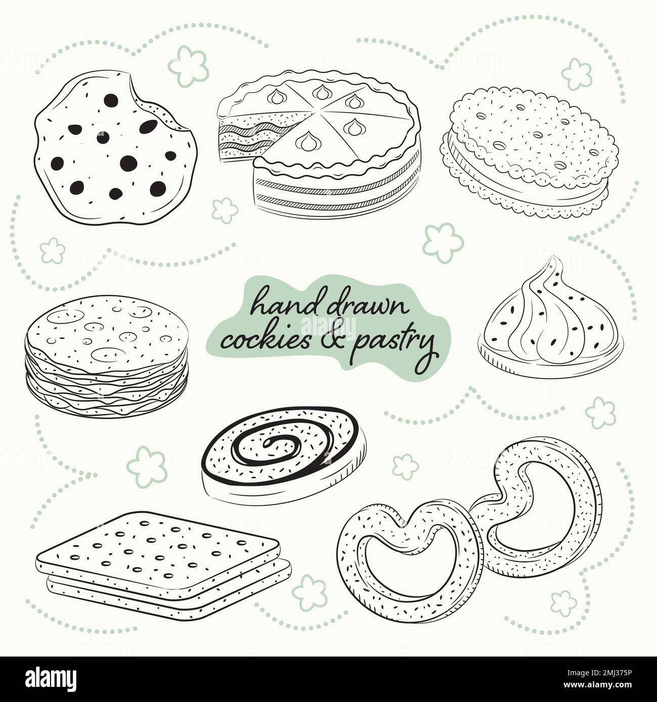 un ensemble de coockies et de pâtisseries dessinées à la main en vecteur Illustration de Vecteur