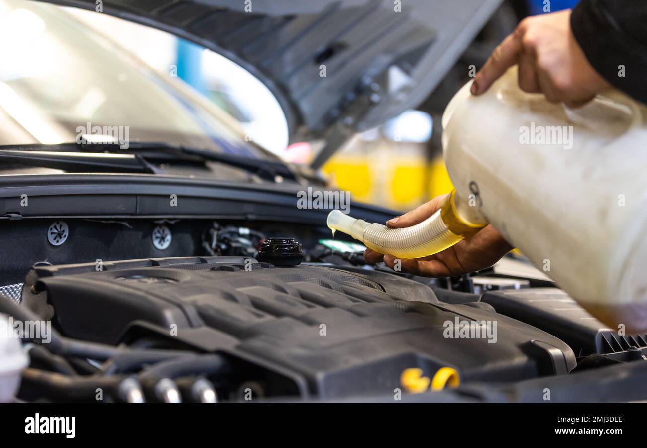 Professionnel de service de voiture homme changeant l'huile moteur par le moteur de voiture, concept de service de voiture Banque D'Images