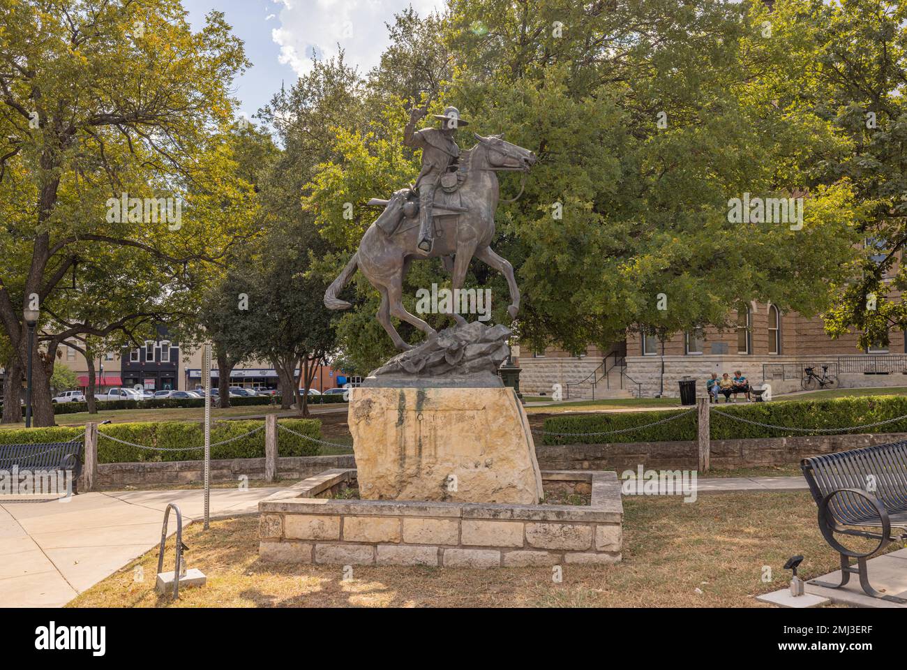 San Marcos, Texas, États-Unis - 14 octobre 2022 : la statue de John Coffee Hays membre des Rangers du Texas Banque D'Images