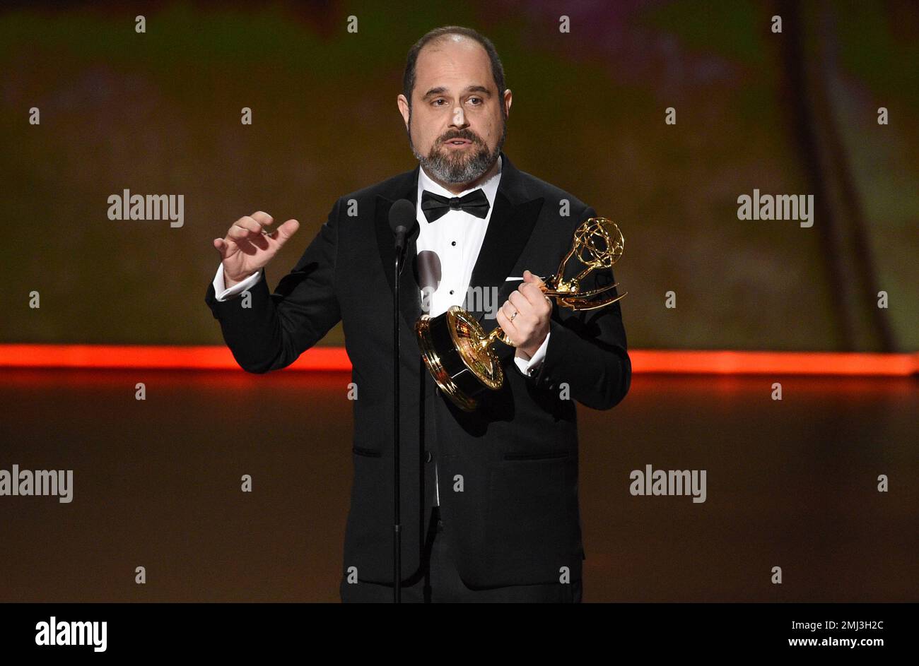 Craig Mazin accepts the award for outstanding writing for a limited series or movie for "Chernobyl" at the 71st Primetime Emmy Awards on Sunday, Sept. 22, 2019, at the Microsoft Theater in Los Angeles. (Photo by Chris Pizzello/Invision/AP) Banque D'Images