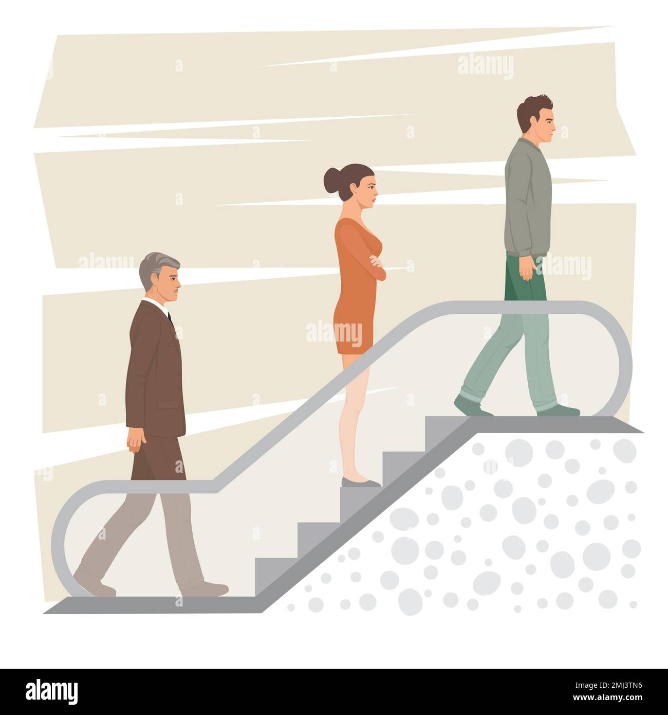 Escalier roulant isolé sur fond blanc. Les gens se tiennent sur l'escalier mécanique dans le métro, le centre commercial, le centre d'affaires. Illustration de Vecteur