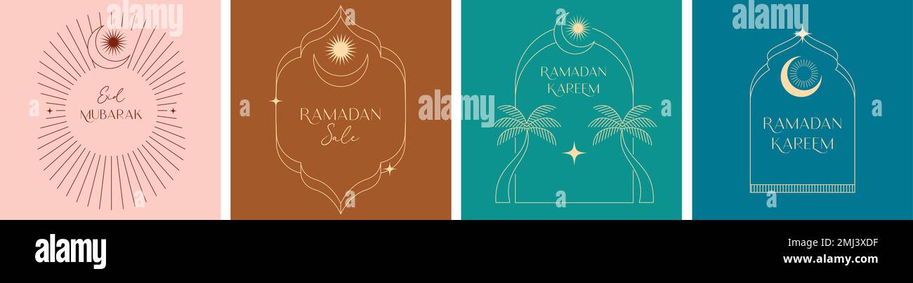 Collection de modèles de post, modèle linéaire minimal de style islamique Ramadan Kareem. Lune, dôme de la mosquée et lanternes. Illustrations minimalistes Illustration de Vecteur