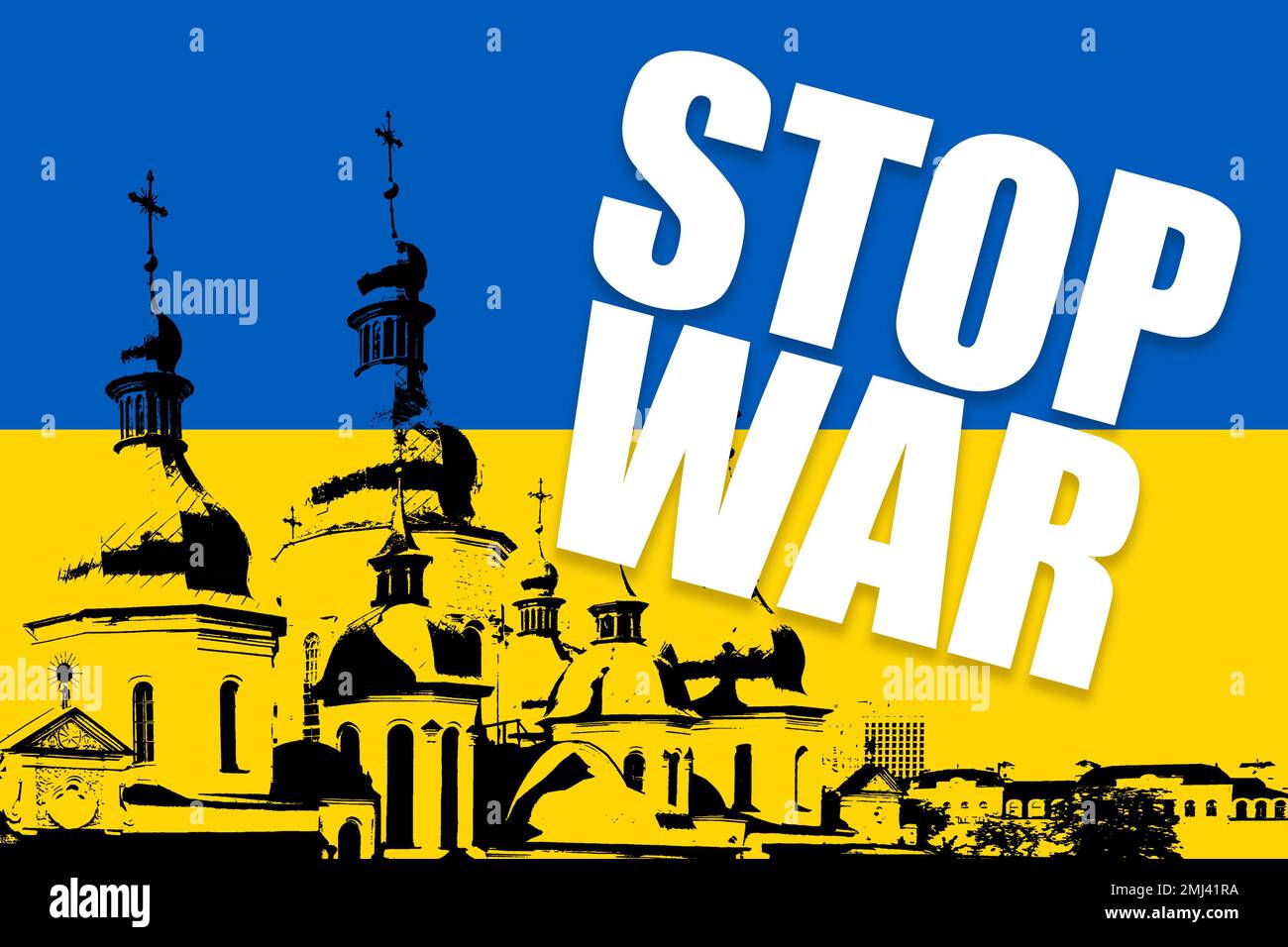Arrêter la guerre, le conflit entre l'Ukraine et la Russie. Drapeau bleu et jaune avec le dessin de la basilique Banque D'Images