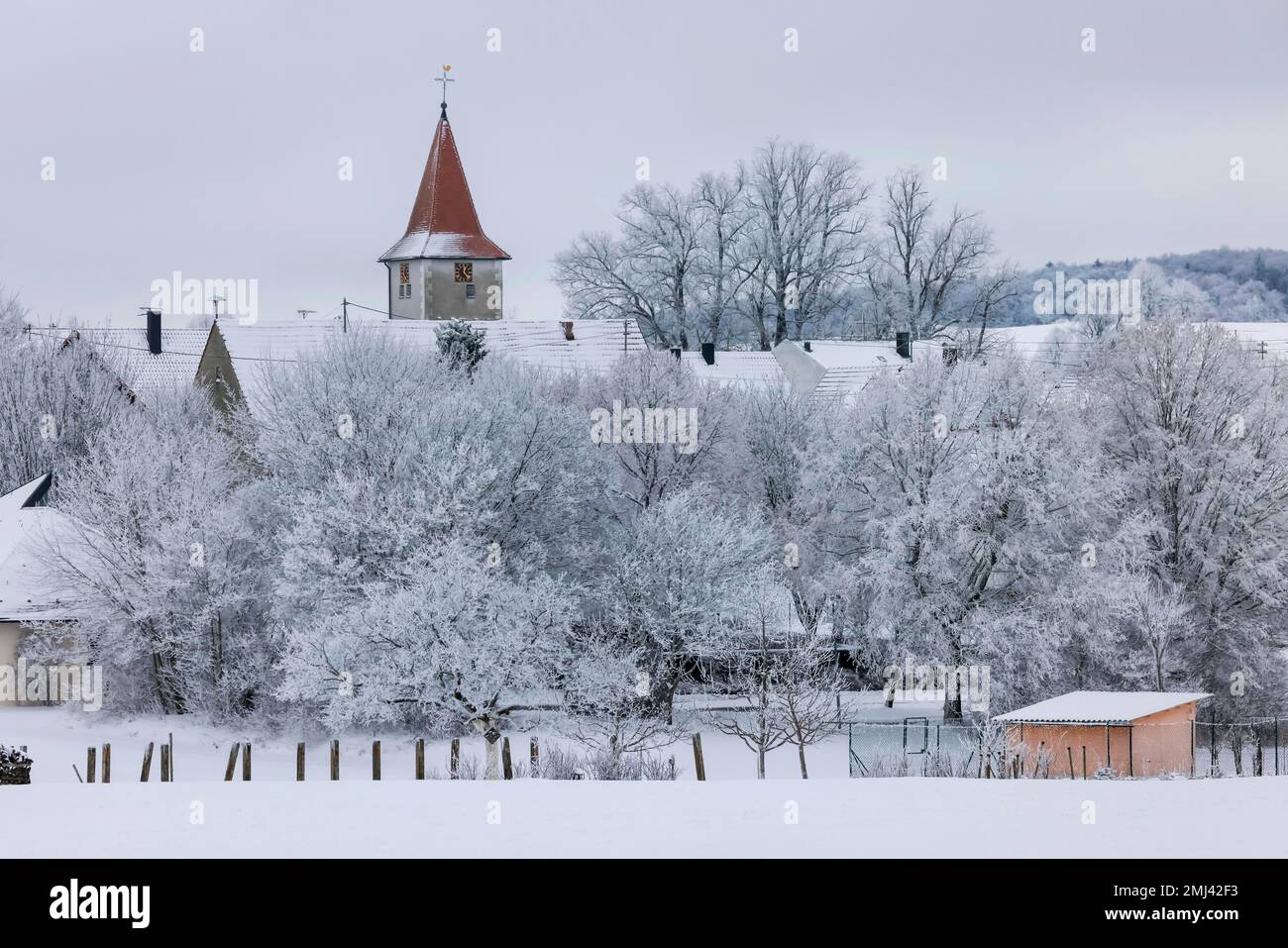 Hivernent avec du givre sur l'Alb souabe, église de Roemerstein-Donnstetten, Bade-Wurtemberg, Allemagne Banque D'Images