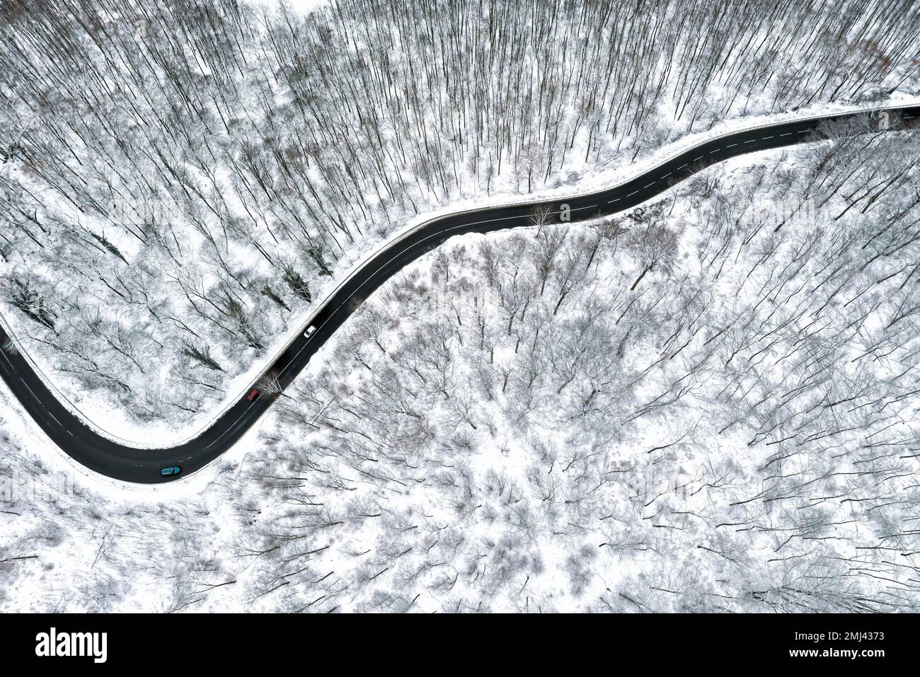 La route sinueuse mène à travers une forêt dans l'Alb souabe, il y a de la neige, photo de drone, Gutenberger Steige, Lenningen-Gutenberg Banque D'Images