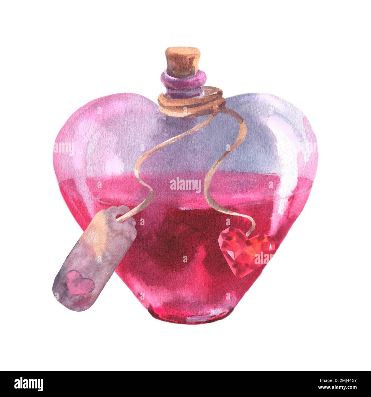 Aquarelle amour potion élixir en forme de coeur bouteille avec étiquette et illustration de diamant. Clipart de flacon rose dessiné à la main isolé sur le backgro blanc Banque D'Images