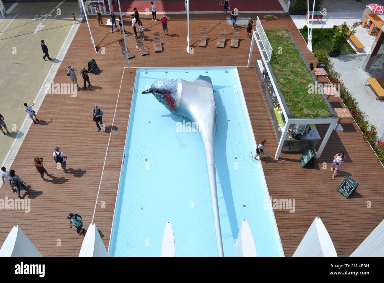 Décoration intérieure du pavillon tchèque de l'expo 2015. Sculpture futur de l'oiseau - voiture. Terrasse Thermowood autour de la piscine avec de l'eau douce bleue. Banque D'Images