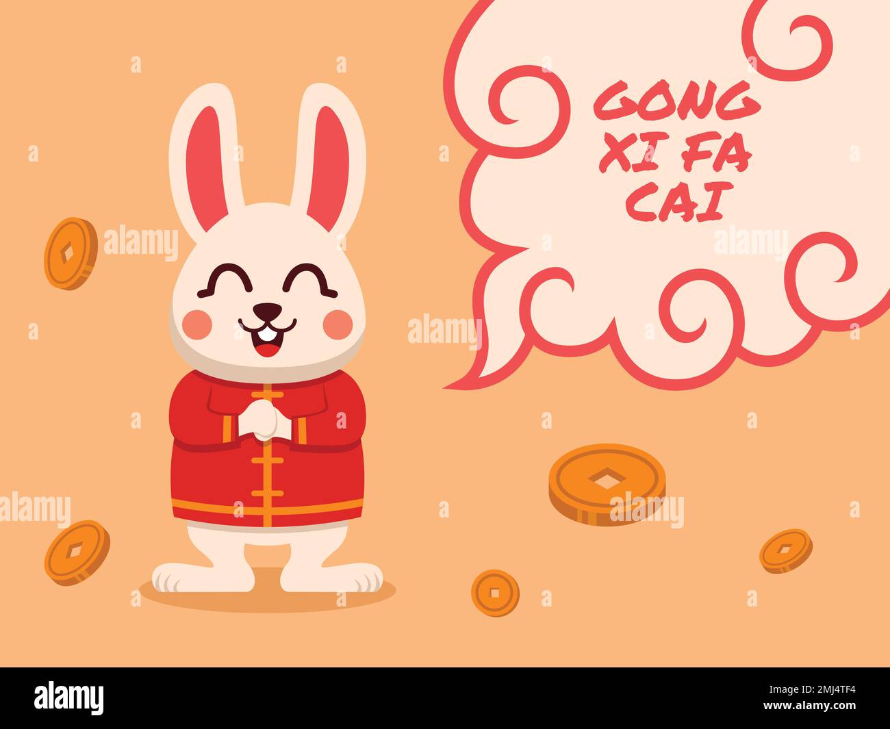 Illustration plate de joli lapin chinois avec bulle de texte Gong Xi Fa Cai. Illustration vectorielle. Illustration de Vecteur