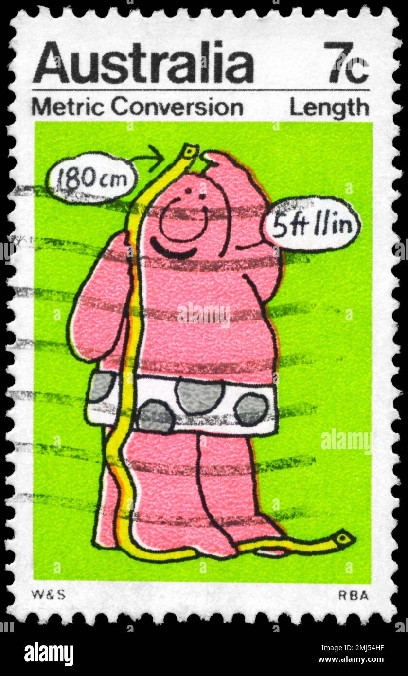 AUSTRALIE - VERS 1973 : un timbre imprimé en AUSTRALIE montre la mesure de longueur, série de conversion métrique, vers 1973 Banque D'Images