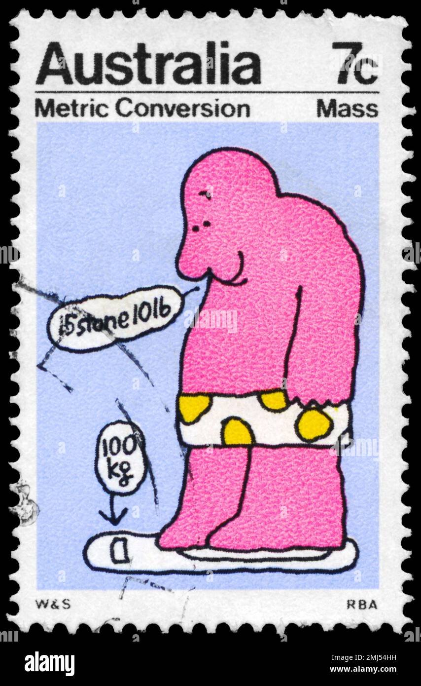 AUSTRALIE - VERS 1973 : un timbre imprimé en AUSTRALIE montre la série de conversion métrique de la mesure de masse, vers 1973 Banque D'Images