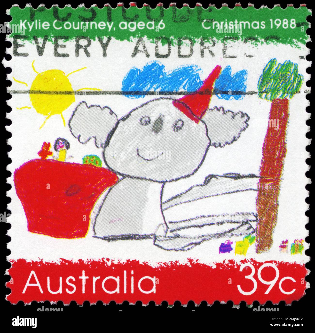 AUSTRALIE - VERS 1988 : un timbre imprimé en AUSTRALIE montre le Koala portant un chapeau de père Noël, par Kylie Courtney, 6 ans, gagnant du concours de conception pour enfants Banque D'Images