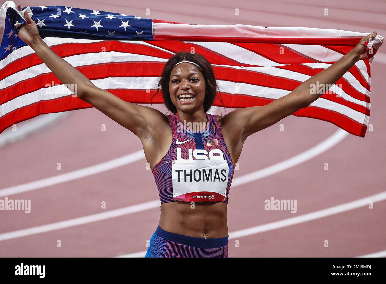 Gabrielle Thomas (USA) médaillée d'argent dans les 200 mètres féminins aux Jeux Olympiques d'été de 2020 (2021), Tokyo, Japon Banque D'Images